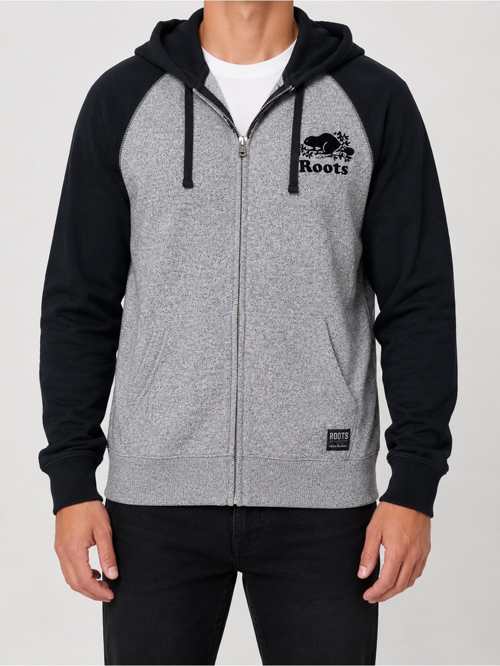 Roots Men's Grey and Black Raglan Zip Hoodie